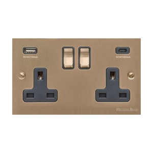 Victorian Elite Range Antique Brass Switches & Sockets, R91 - 2G 13A Socket with USB-A+C by Heritage Brass By M-Marcus