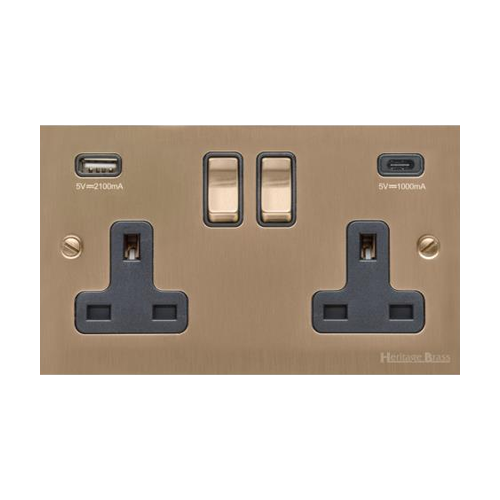 Victorian Elite Range Antique Brass Switches & Sockets, R91 - 2G 13A Socket with USB-A+C by Heritage Brass By M-Marcus