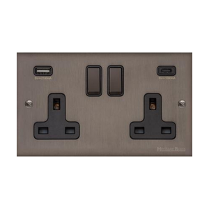 Stylist Bronze Raised Plate Range Switches & Sockets, RL9 - 2G 13A Socket with USB-A+C by Heritage Brass By M-Marcus
