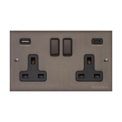 Stylist Bronze Raised Plate Range Switches & Sockets, RL9 - 2G 13A Socket with USB-A+C by Heritage Brass By M-Marcus