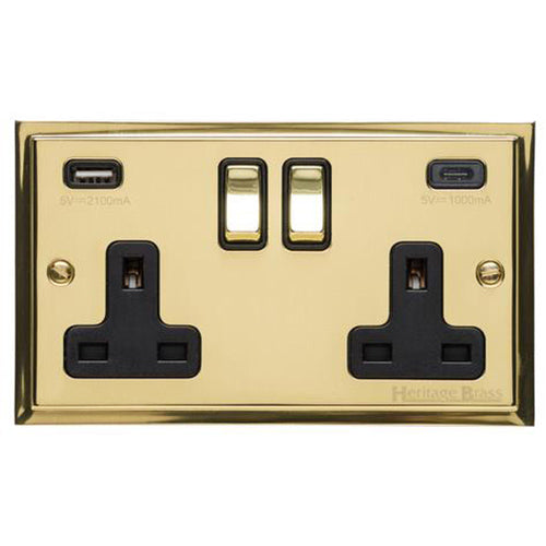 Elite Stepped Plate Range Polished Brass Switches & Sockets, S01 - 2G 13A Socket with USB-A+C by Heritage Brass By M-Marcus