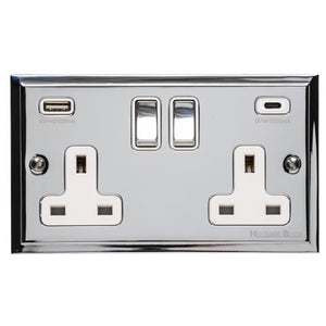Elite Stepped Plate Range Polished Chrome Switches & Sockets, S02 - 2G 13A Socket with USB-A+C by Heritage Brass By M-Marcus