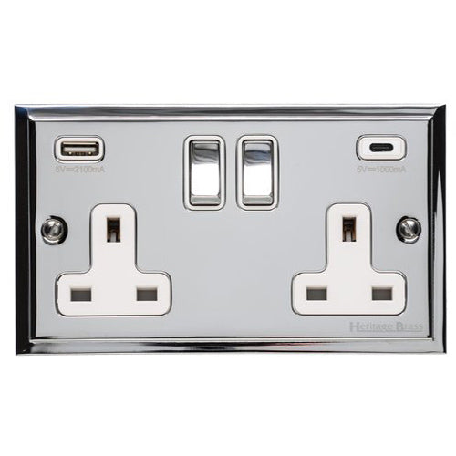 Elite Stepped Plate Range Polished Chrome Switches & Sockets, S02 - 2G 13A Socket with USB-A+C by Heritage Brass By M-Marcus