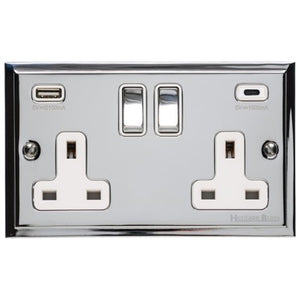 Elite Stepped Plate Range Polished Chrome Switches & Sockets, S02 - 2G 13A Socket with USB-A+C by Heritage Brass By M-Marcus