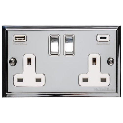 Elite Stepped Plate Range Polished Chrome Switches & Sockets, S02 - 2G 13A Socket with USB-A+C by Heritage Brass By M-Marcus
