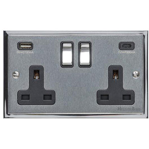 Elite Stepped Plate Range Satin Chrome Switches & Sockets, S03 - 2G 13A Socket with USB-A+C by Heritage Brass By M-Marcus
