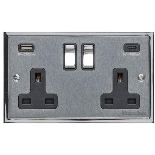 Elite Stepped Plate Range Satin Chrome Switches & Sockets, S03 - 2G 13A Socket with USB-A+C by Heritage Brass By M-Marcus