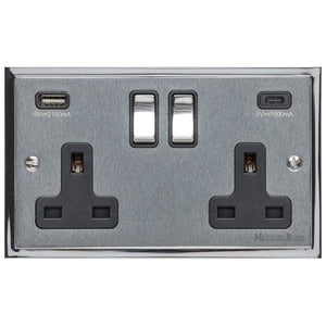 Elite Stepped Plate Range Satin Chrome Switches & Sockets, S03 - 2G 13A Socket with USB-A+C by Heritage Brass By M-Marcus