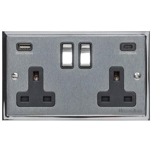 Elite Stepped Plate Range Satin Chrome Switches & Sockets, S03 - 2G 13A Socket with USB-A+C by Heritage Brass By M-Marcus