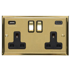 Elite Stepped Plate Range Satin Brass Switches & Sockets, S04 - 2G 13A Socket with USB-A+C by Heritage Brass By M-Marcus