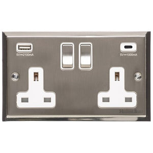 Elite Stepped Plate Range Satin Nickel Switches & Sockets, S05 - 2G 13A Socket with USB-A+C by Heritage Brass By M-Marcus