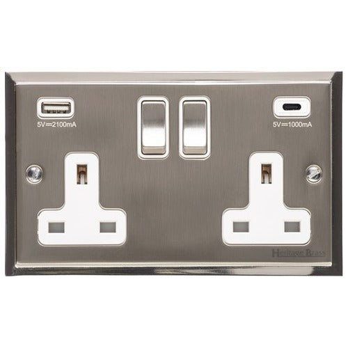 Elite Stepped Plate Range Satin Nickel Switches & Sockets, S05 - 2G 13A Socket with USB-A+C by Heritage Brass By M-Marcus