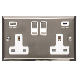 Elite Stepped Plate Range Satin Nickel Switches & Sockets, S05 - 2G 13A Socket with USB-A+C by Heritage Brass By M-Marcus