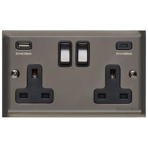 Elite Stepped Plate Range Polished Black Nickel Switches & Sockets, S06 - 2G 13A Socket with USB-A+C by Heritage Brass By M-Marcus