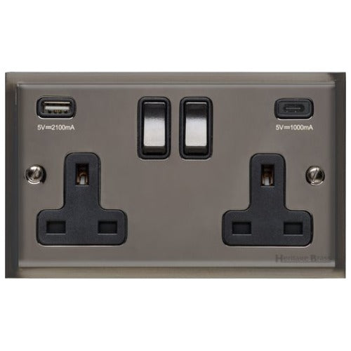 Elite Stepped Plate Range Polished Black Nickel Switches & Sockets, S06 - 2G 13A Socket with USB-A+C by Heritage Brass By M-Marcus