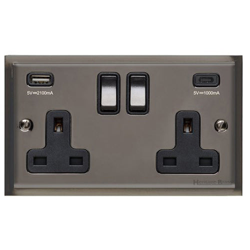 Elite Stepped Plate Range Polished Black Nickel Switches & Sockets, S06 - 2G 13A Socket with USB-A+C by Heritage Brass By M-Marcus