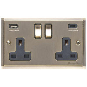 Elite Stepped Plate Range Antique Brass Switches & Sockets, S91 - 2G 13A Socket with USB-A+C by Heritage Brass By M-Marcus