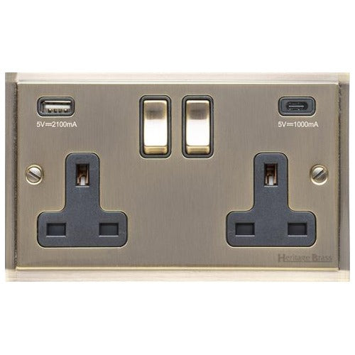 Elite Stepped Plate Range Antique Brass Switches & Sockets, S91 - 2G 13A Socket with USB-A+C by Heritage Brass By M-Marcus