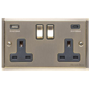 Elite Stepped Plate Range Antique Brass Switches & Sockets, S91 - 2G 13A Socket with USB-A+C by Heritage Brass By M-Marcus