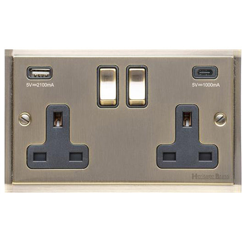 Elite Stepped Plate Range Antique Brass Switches & Sockets, S91 - 2G 13A Socket with USB-A+C by Heritage Brass By M-Marcus