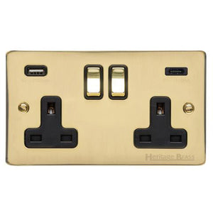 Elite Flat Plate Range Polished Brass Switches & Sockets, T01 - 2G 13A Socket with USB-A+C by Heritage Brass By M-Marcus