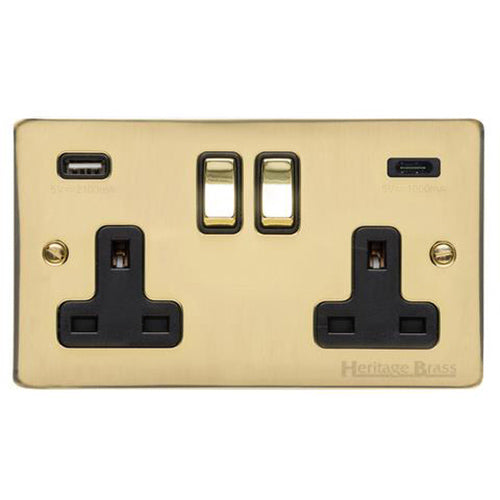 Elite Flat Plate Range Polished Brass Switches & Sockets, T01 - 2G 13A Socket with USB-A+C by Heritage Brass By M-Marcus