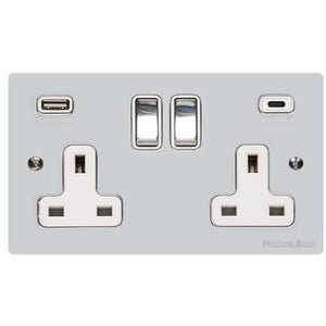 Elite Flat Plate Range Polished Chrome Switches & Sockets, T02 - 2G 13A Socket with USB-A+C by Heritage Brass By M-Marcus