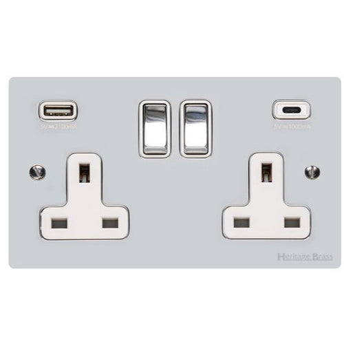 Elite Flat Plate Range Polished Chrome Switches & Sockets, T02 - 2G 13A Socket with USB-A+C by Heritage Brass By M-Marcus