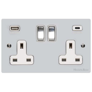 Elite Flat Plate Range Polished Chrome Switches & Sockets, T02 - 2G 13A Socket with USB-A+C by Heritage Brass By M-Marcus
