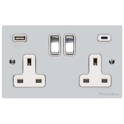 Elite Flat Plate Range Polished Chrome Switches & Sockets, T02 - 2G 13A Socket with USB-A+C by Heritage Brass By M-Marcus