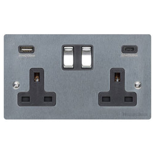 Elite Flat Plate Range Satin Chrome Switches & Sockets, T03 - 2G 13A Socket with USB-A+C by Heritage Brass By M-Marcus