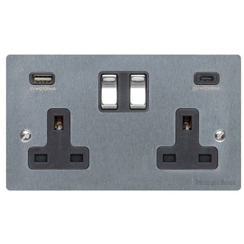 Elite Flat Plate Range Satin Chrome Switches & Sockets, T03 - 2G 13A Socket with USB-A+C by Heritage Brass By M-Marcus