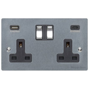 Elite Flat Plate Range Satin Chrome Switches & Sockets, T03 - 2G 13A Socket with USB-A+C by Heritage Brass By M-Marcus