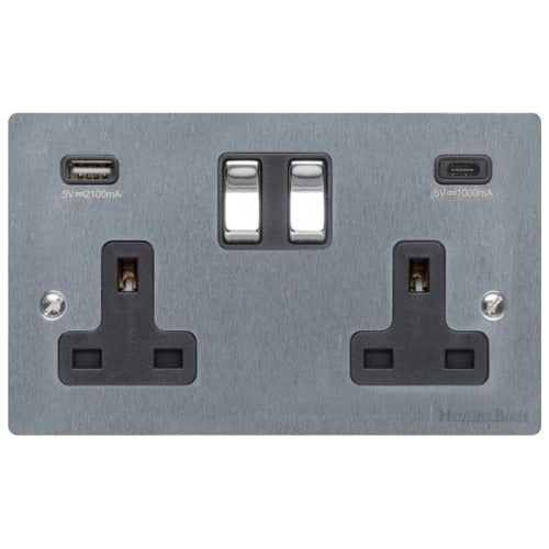 Elite Flat Plate Range Satin Chrome Switches & Sockets, T03 - 2G 13A Socket with USB-A+C by Heritage Brass By M-Marcus
