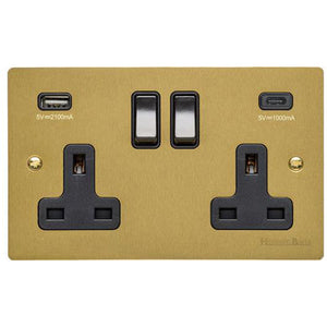 Elite Flat Plate Range Satin Brass Switches & Sockets, T04 - 2G 13A Socket with USB-A+C by Heritage Brass By M-Marcus