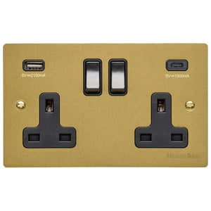 Elite Flat Plate Range Satin Brass Switches & Sockets, T04 - 2G 13A Socket with USB-A+C by Heritage Brass By M-Marcus