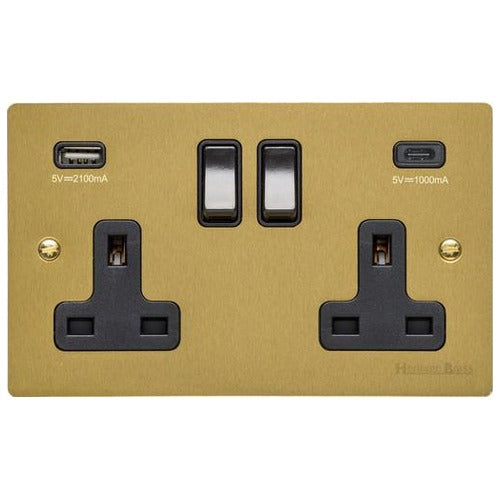 Elite Flat Plate Range Satin Brass Switches & Sockets, T04 - 2G 13A Socket with USB-A+C by Heritage Brass By M-Marcus