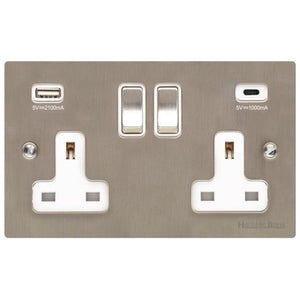 Elite Flat Plate Range Satin Nickel Switches & Sockets, T05 - 2G 13A Socket with USB-A+C by Heritage Brass By M-Marcus