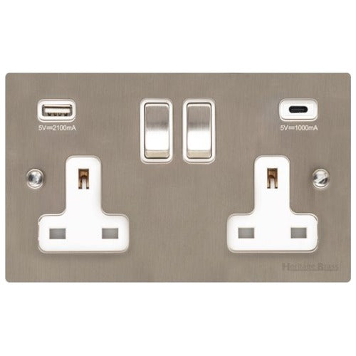 Elite Flat Plate Range Satin Nickel Switches & Sockets, T05 - 2G 13A Socket with USB-A+C by Heritage Brass By M-Marcus