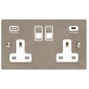 Elite Flat Plate Range Satin Nickel Switches & Sockets, T05 - 2G 13A Socket with USB-A+C by Heritage Brass By M-Marcus