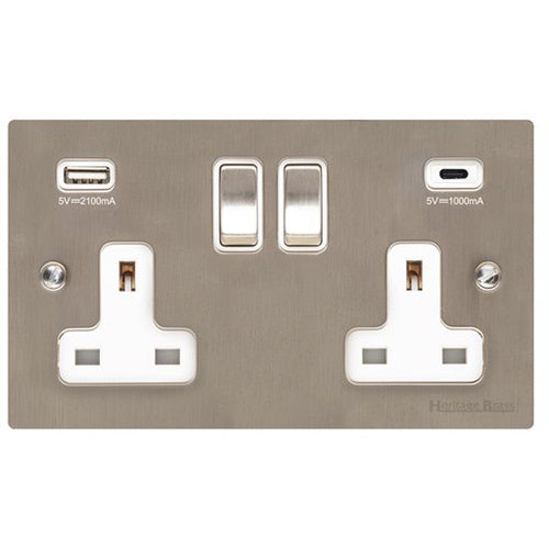 Elite Flat Plate Range Satin Nickel Switches & Sockets, T05 - 2G 13A Socket with USB-A+C by Heritage Brass By M-Marcus
