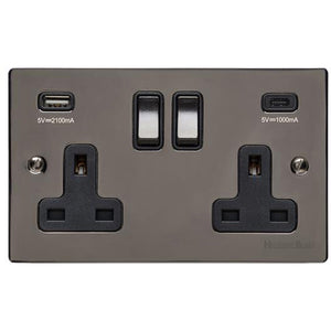 Elite Flat Plate Range Polished Black Nickel Switches & Sockets, T06 - 2G 13A Socket with USB-A+C by Heritage Brass By M-Marcus