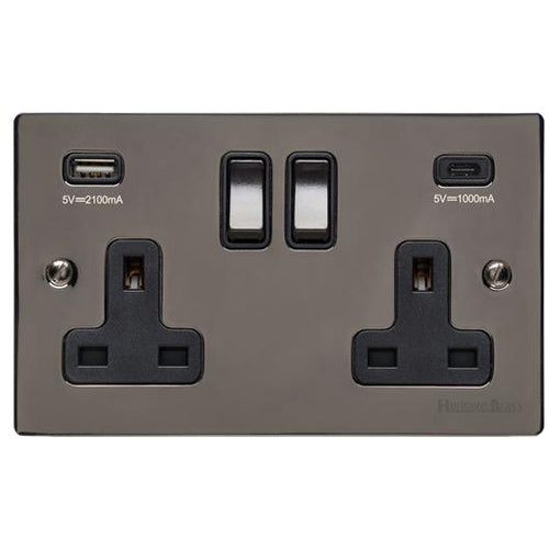 Elite Flat Plate Range Polished Black Nickel Switches & Sockets, T06 - 2G 13A Socket with USB-A+C by Heritage Brass By M-Marcus