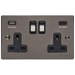 Elite Flat Plate Range Polished Black Nickel Switches & Sockets, T06 - 2G 13A Socket with USB-A+C by Heritage Brass By M-Marcus