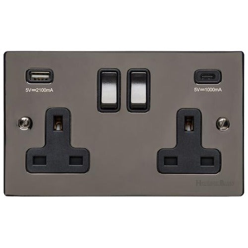 Elite Flat Plate Range Polished Black Nickel Switches & Sockets, T06 - 2G 13A Socket with USB-A+C by Heritage Brass By M-Marcus