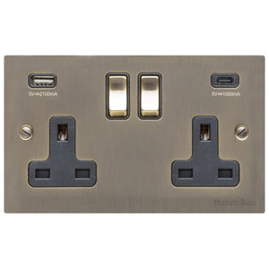 Elite Flat Plate Range Antique Brass Switches & Sockets, T91 - 2G 13A Socket with USB-A+C by Heritage Brass By M-Marcus