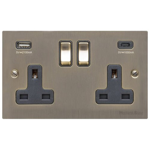 Elite Flat Plate Range Antique Brass Switches & Sockets, T91 - 2G 13A Socket with USB-A+C by Heritage Brass By M-Marcus