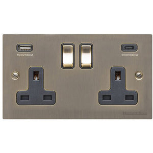 Elite Flat Plate Range Antique Brass Switches & Sockets, T91 - 2G 13A Socket with USB-A+C by Heritage Brass By M-Marcus