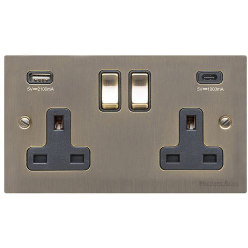 Elite Flat Plate Range Antique Brass Switches & Sockets, T91 - 2G 13A Socket with USB-A+C by Heritage Brass By M-Marcus