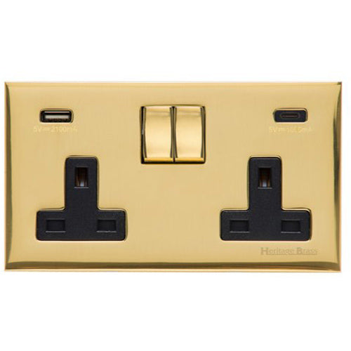 Winchester Range Polished Brass Switches & Sockets, W01 - 2G 13A Socket with USB-A+C by Heritage Brass By M-Marcus